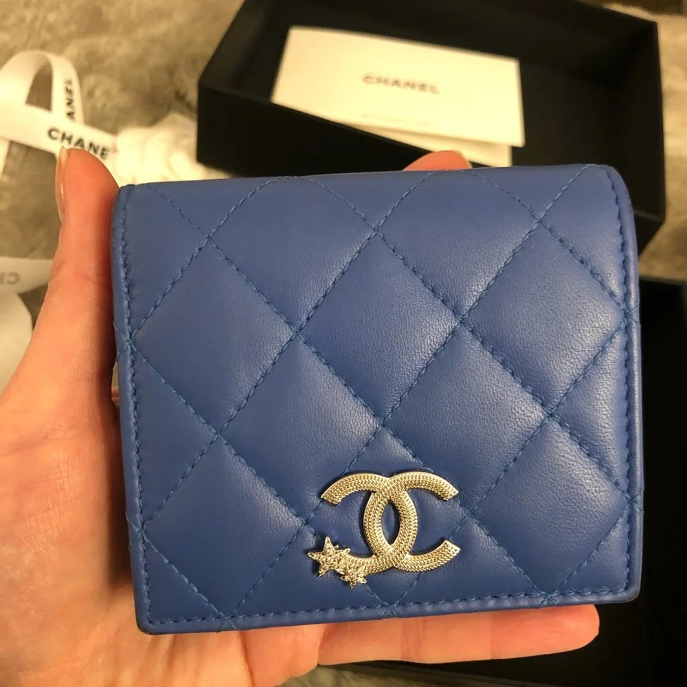 Chanel lambskin leather blue bifold wallet